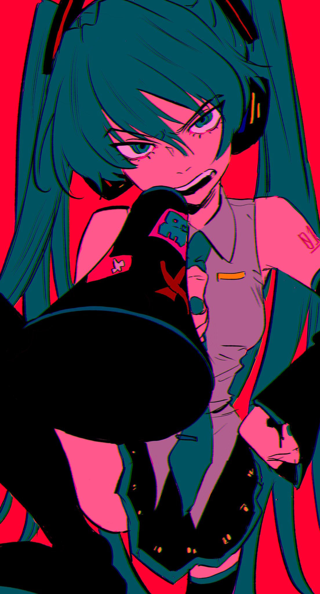 1girl angry aqua_eyes aqua_hair arm_tattoo bangs bare_shoulders black_footwear black_legwear black_skirt boots collared_shirt commentary_request detached_sleeves flat_color hatsune_miku highres holding holding_megaphone long_hair looking_at_viewer megaphone necktie pleated_skirt red_background shirt simple_background skirt sleeveless sleeveless_shirt solo sticker tattoo thigh-highs thigh_boots thighs twintails urkt_10 very_long_hair vocaloid wide_sleeves