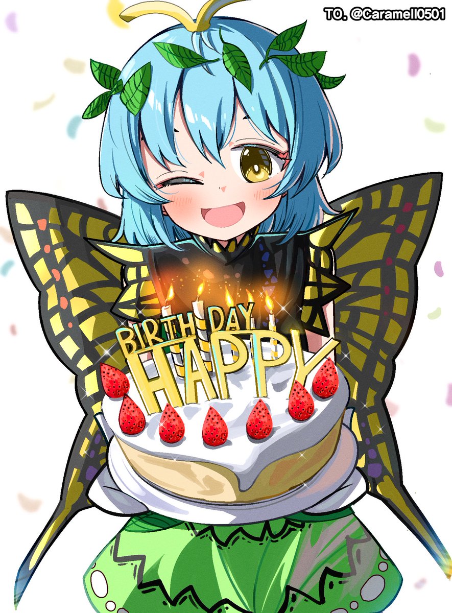 1girl antennae aqua_hair blush butterfly_wings cake dress eternity_larva fairy food fruit gift_art green_dress hair_between_eyes happy_birthday highres holding holding_plate leaf leaf_on_head multicolored_clothes multicolored_dress one_eye_closed open_mouth plate short_hair short_sleeves simple_background smile solo spam_(spamham4506) strawberry touhou upper_body white_background wings yellow_eyes