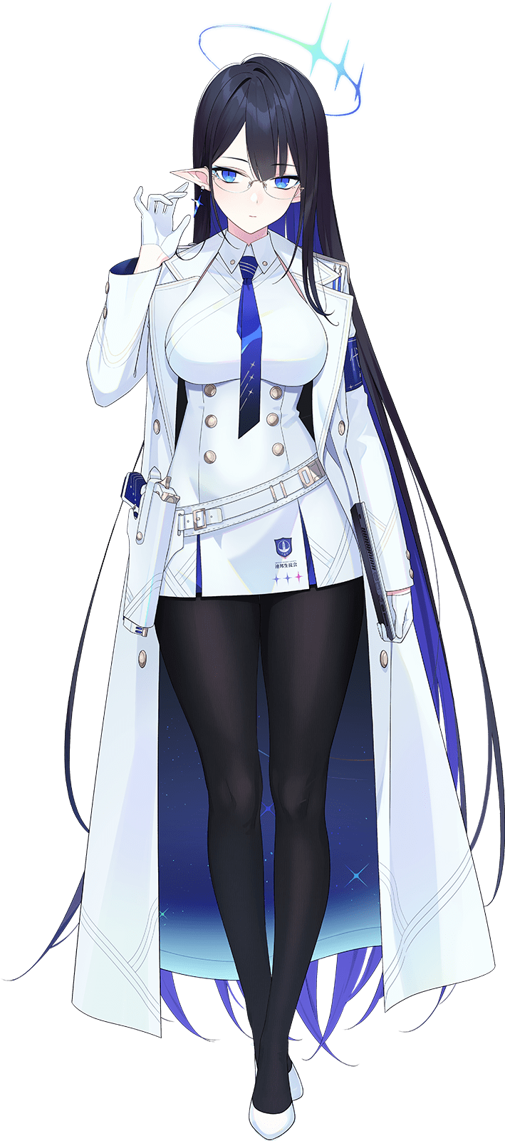 bad_source black_hair blue_archive blue_eyes breasts coat full_body glasses gloves gun halo handgun highres holstered_weapon large_breasts long_hair necktie pantyhose pistol pointy_ears rin_(blue_archive) shoes solo tablet_pc uniform very_long_hair weapon white_coat white_gloves