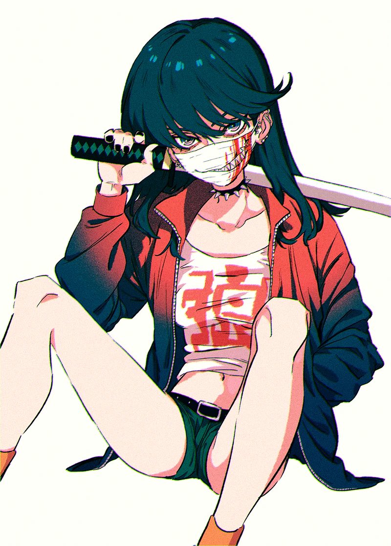 1girl bangs black_choker black_eyes black_hair black_jacket black_nails blood blood_on_face choker collarbone commentary_request ear_piercing earrings gradient gradient_jacket hand_in_pocket holding holding_sword holding_weapon jacket jewelry katana kuchisake-onna looking_at_viewer mask medium_hair mouth_mask multicolored_clothes multicolored_jacket multiple_piercings nail_polish open_clothes open_jacket original piercing red_jacket sharp_teeth short_shorts shorts simple_background sitting solo spiked_choker spikes spread_legs sword tank_top teeth thighs two-tone_jacket urkt_10 weapon white_background