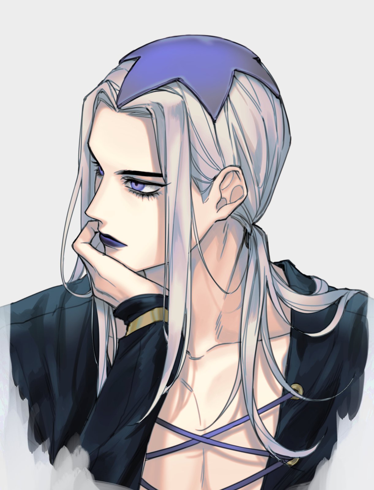 1boy alternate_hairstyle black_lips grey_hair hair_up hat highres jojo_no_kimyou_na_bouken leone_abbacchio lipstick long_hair makeup male_focus ponytail ranch_jjba silver_hair solo vento_aureo