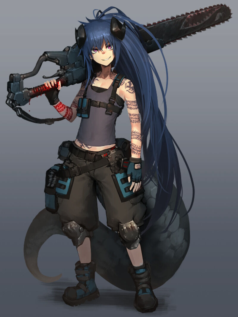 1girl arm_tattoo baggy_pants belt belt_pouch black_horns blood blue_gloves blue_hair boots chainsword commission fingerless_gloves flat_chest full_body gloves glowing_tattoo gradient gradient_background grey_background grey_shorts grey_tank_top hetza_(hellshock) horns long_hair looking_at_viewer original pants ponytail pouch shorts smile solo standing tail tank_top tattoo very_long_hair violet_eyes
