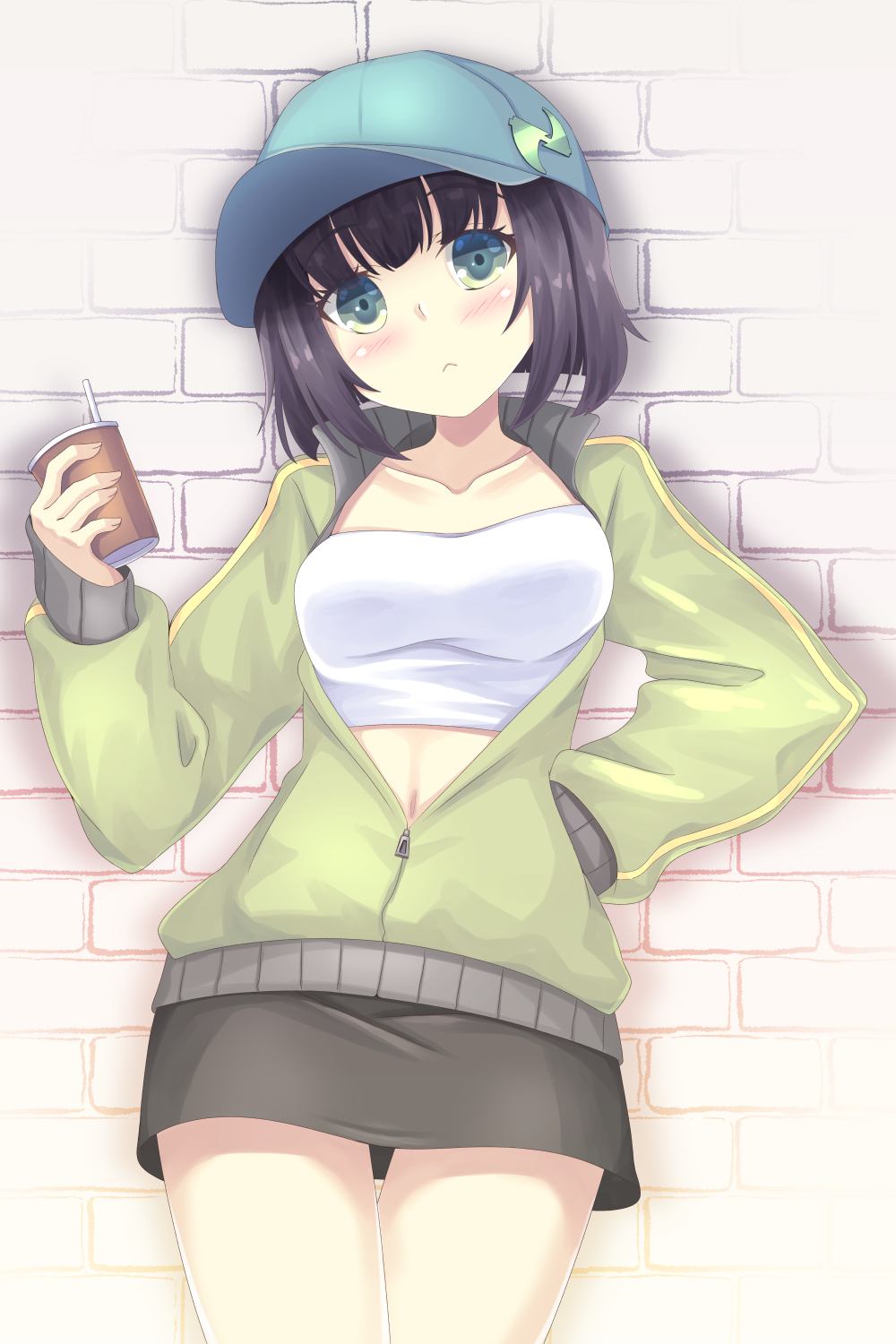 1girl aqua_headwear baseball_cap black_hair black_skirt blush brick_wall closed_mouth collarbone commentary_request cowboy_shot crop_top cup eyebrows_visible_through_hair green_eyes green_jacket hat head_tilt highres holding holding_cup jacket kyoumachi_seika looking_at_viewer miniskirt open_clothes open_jacket short_hair skirt solo sumikaze track_jacket voiceroid wall