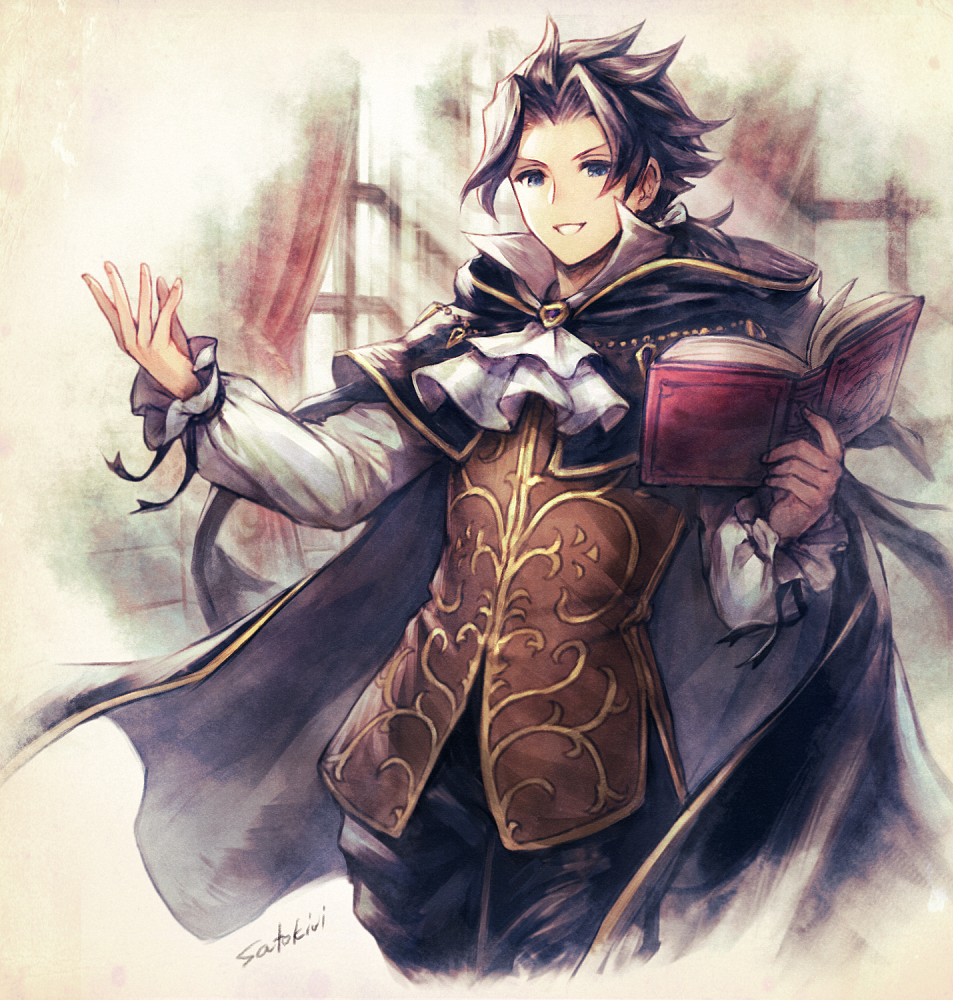1boy ascot black_cape black_hair black_pants black_ribbon blue_eyes book cape commentary_request cropped_legs curtains cyrus_(octopath_traveler) hands_up holding holding_book long_sleeves octopath_traveler open_mouth pants ribbon satou_kivi shirt short_hair solo white_ascot window wrist_ribbon