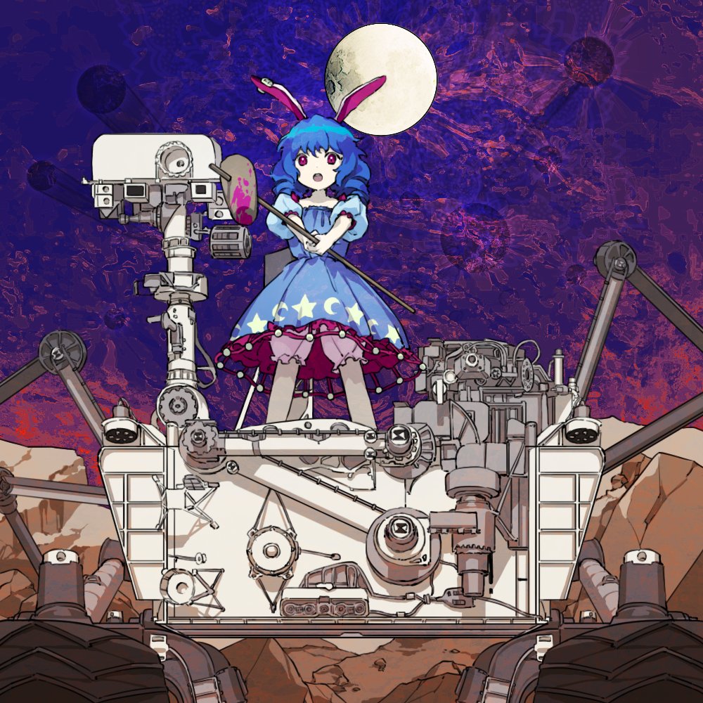 1girl :o animal_ears blue_dress blue_hair commentary dress drill_hair full_body full_moon holding kaigen_1025 kine looking_at_viewer mallet medium_hair moon open_mouth pink_bloomers puffy_short_sleeves puffy_sleeves rabbit_ears rabbit_girl red_eyes robot rock seiran_(touhou) short_sleeves solo standing teeth tire touhou upper_teeth