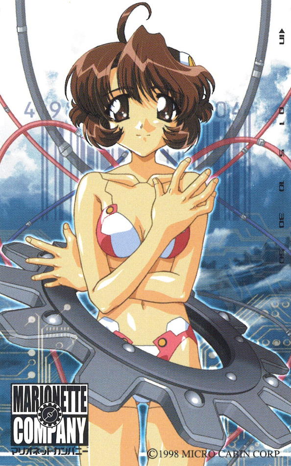 1990s_(style) 1girl ahoge bangs brown_eyes brown_hair cable copyright copyright_name cowboy_shot crossed_arms eyebrows_visible_through_hair gears joints light_smile looking_at_viewer marionette_company navel official_art retro_artstyle robot_joints short_hair solo wire