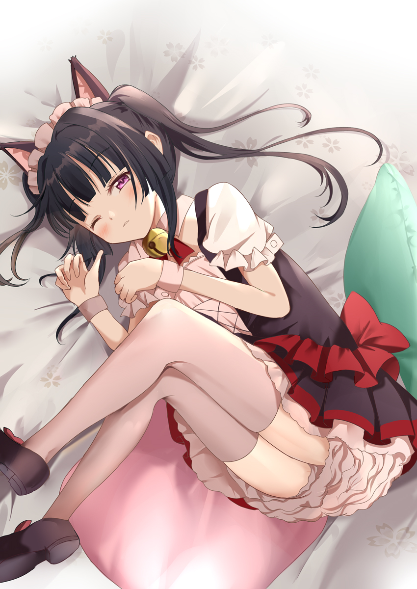1girl animal_ears bangs bed_sheet bell black_dress black_footwear black_hair blunt_bangs cat_ears closed_mouth commentary dress eyebrows_visible_through_hair fake_animal_ears frilled_dress frills from_above grey_legwear half-closed_eye highres jingle_bell legs_up long_hair looking_at_viewer maid_headdress neck_bell on_bed one_eye_closed puffy_short_sleeves puffy_sleeves rikopin senki_zesshou_symphogear shoes short_dress short_sleeves sleepy solo thigh-highs tsukuyomi_shirabe twintails violet_eyes wrist_cuffs