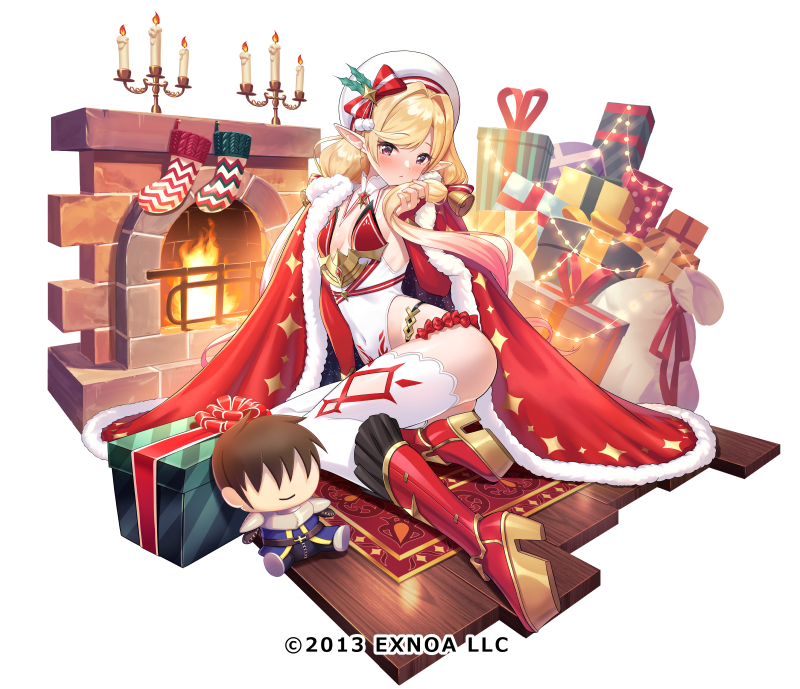 1girl 2013 arm_support ass awakening_(sennen_sensou_aigis) bangs bell beret blonde_hair blush boots breasts breasts_apart bridal_gauntlets candle candlestand christmas christmas_lights christmas_present christmas_stocking cloak commentary_request company_name covered_navel detached_collar doll elf eyebrows_visible_through_hair fireplace fur-trimmed_cloak fur_trim gift gold_trim gradient_hair hair_ribbon hand_up hat head_tilt high_heel_boots high_heels highleg highleg_leotard holding holding_hair knee_boots leotard long_hair low_twintails multicolored_hair official_art pink_hair pointy_ears pom_pom_(clothes) prince_(sennen_sensou_aigis) red_cloak red_eyes red_footwear red_ribbon ribbon ribs rug sack sennen_sensou_aigis shiny shiny_hair sitting small_breasts solo strapless strapless_leotard tamakaga thigh-highs thighs twintails tytto_(sennen_sensou_aigis) white_background white_headwear white_legwear white_leotard wooden_floor yokozuwari