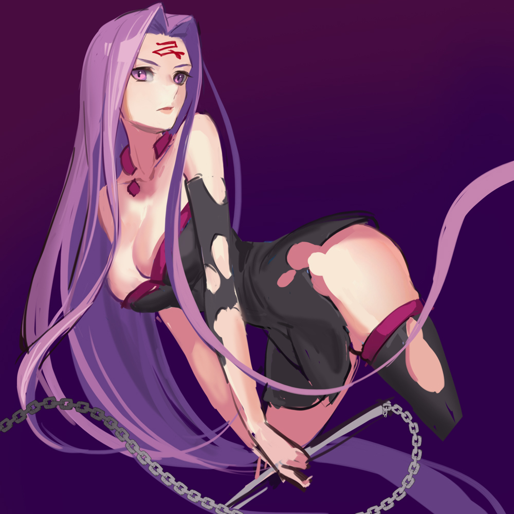 1girl chain facial_mark fate/stay_night fate_(series) fengyin_shici_guozi forehead forehead_mark gradient gradient_background long_hair medusa_(fate) medusa_(rider)_(fate) purple_hair simple_background torn_clothes very_long_hair violet_eyes