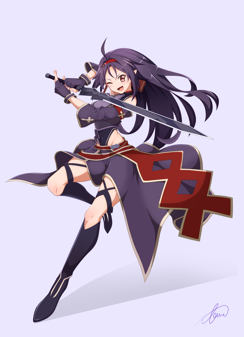 1girl ;d ahoge armor bare_shoulders breastplate detached_sleeves fingerless_gloves full_body gloves hairband holding holding_sword holding_weapon leg_up leotard leotard_under_clothes long_hair looking_at_viewer one_eye_closed open_mouth pointy_ears purple_gloves purple_hair red_eyes red_hairband signature simple_background smile solo sword sword_art_online tewo weapon yuuki_(sao)
