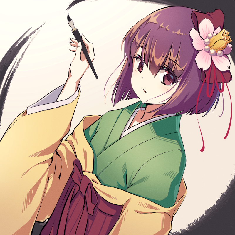1girl blush bow commentary dated_commentary eyebrows_visible_through_hair flower green_kimono hair_between_eyes hair_bow hair_flower hair_ornament hakama hieda_no_akyuu holding holding_paintbrush japanese_clothes kaffeinman kimono looking_at_viewer one-hour_drawing_challenge paintbrush parted_lips pink_flower purple_hair red_bow red_hakama red_ribbon ribbon short_hair sideways_glance solo touhou upper_body violet_eyes wide_sleeves yellow_sleeves
