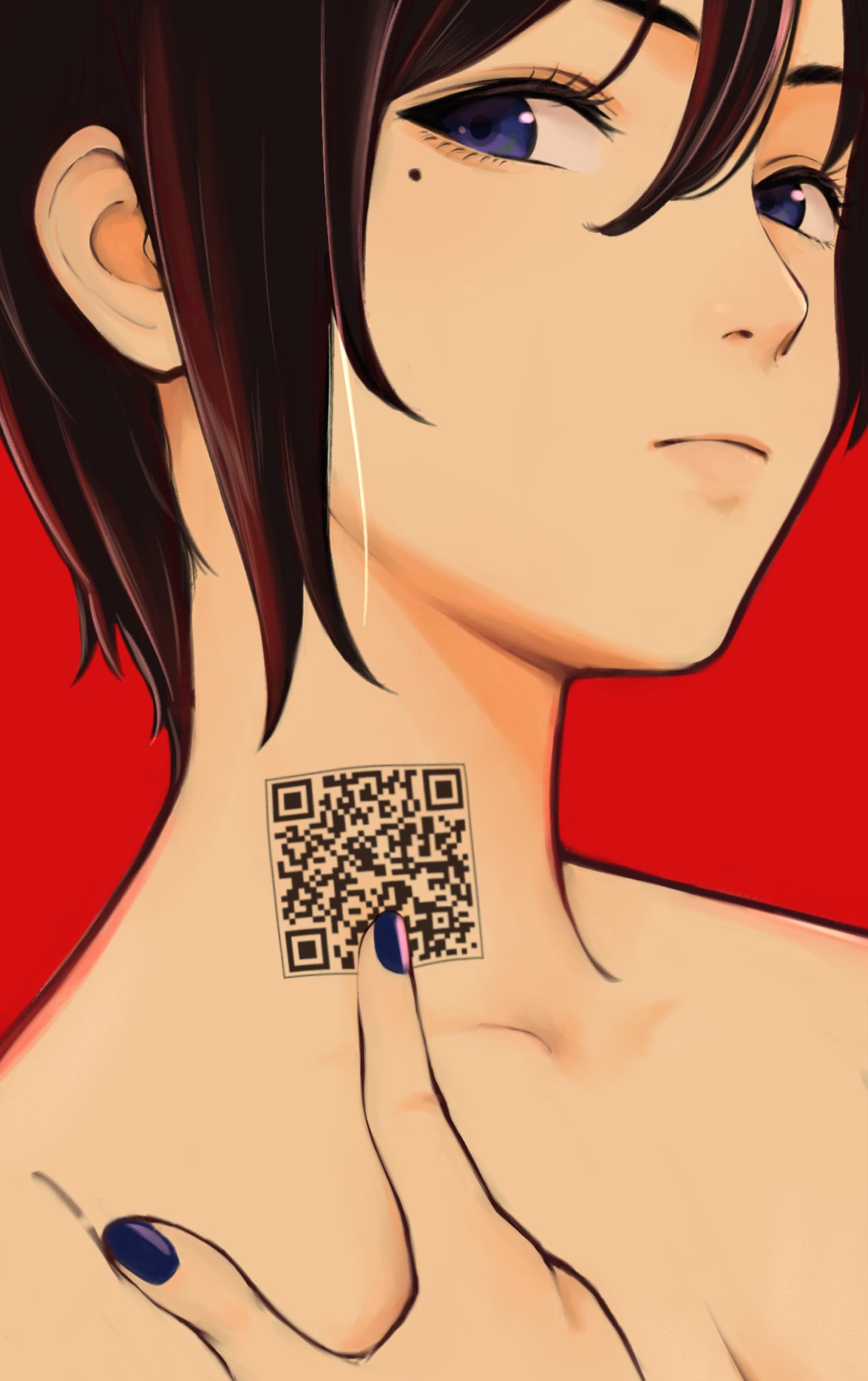 1girl black_hair black_nails blue_eyes blue_nails collarbone english_commentary finger_to_neck frown highres looking_at_viewer mole mole_under_eye nail_polish neck_tattoo nude original pointing pointing_at_self potato_iida qr_code red_background short_hair simple_background solo tattoo
