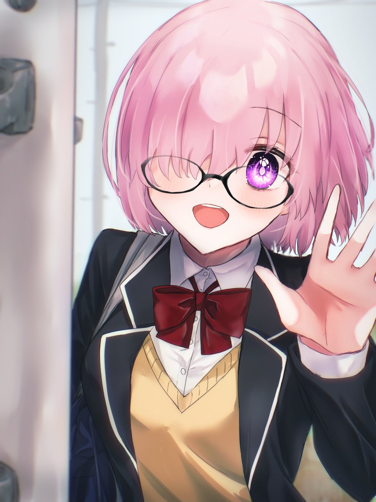 1girl alternate_costume black-framed_eyewear black_jacket bow bowtie collared_shirt commentary_request door eyebrows_visible_through_hair fate/grand_order fate_(series) glasses hair_over_one_eye harukappa highres jacket long_sleeves looking_at_viewer mash_kyrielight official_alternate_costume one_eye_covered open_clothes open_jacket open_mouth pink_hair red_bow school_uniform shirt short_hair smile solo teeth uniform upper_body upper_teeth vest violet_eyes white_shirt yellow_vest