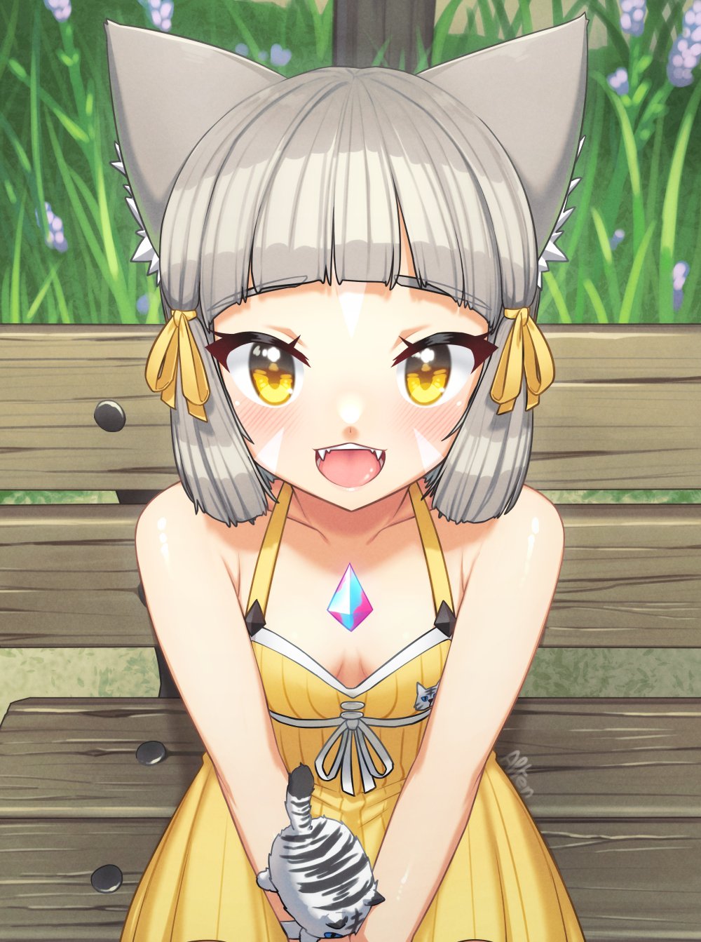 1girl alten animal_ears bangs blunt_bangs breasts cat_ears chest_jewel dress_swimsuit fangs highres nia_(fancy_sundress)_(xenoblade) nia_(xenoblade) open_mouth short_hair silver_hair small_breasts solo swimsuit xenoblade_chronicles_(series) xenoblade_chronicles_2 yellow_eyes yellow_swimsuit