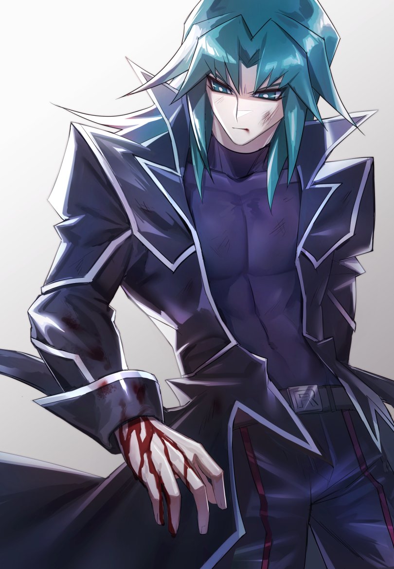 1boy aqua_eyes aqua_hair bangs black_coat black_pants blood coat covered_abs duel_academy_uniform_(yu-gi-oh!_gx) eyeshadow feet_out_of_frame long_hair makeup male_focus marufuji_ryou nodo_sn official_alternate_costume open_clothes open_coat pants pectorals sidelocks solo toned toned_male yu-gi-oh! yu-gi-oh!_gx