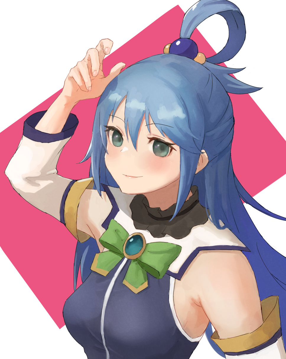 1girl aqua_(konosuba) blue_eyes blue_hair blue_jacket blue_skirt bow bowtie breasts detached_sleeves eyebrows_visible_through_hair green_bow green_bowtie hair_between_eyes highres hollow_(siglopur) jacket kono_subarashii_sekai_ni_shukufuku_wo! long_hair medium_breasts skirt sleeveless sleeveless_jacket smile solo upper_body very_long_hair white_sleeves