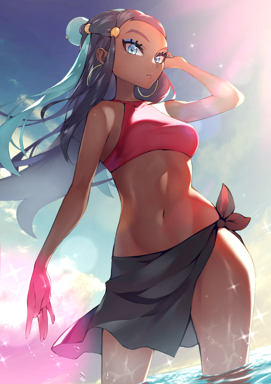 1girl aqua_hair bare_arms black_hair black_sarong blue_eyes blue_eyeshadow breasts clouds commentary_request dark-skinned_female dark_skin day earrings eyelashes eyeshadow floating_hair from_below hair_bun hand_up highres hoop_earrings jewelry lens_flare long_hair makeup midriff multicolored_hair navel nessa_(pokemon) outdoors pokemon pokemon:_twilight_wings red_swimsuit rindoriko sarong sky solo sparkle swimsuit two-tone_hair wading water