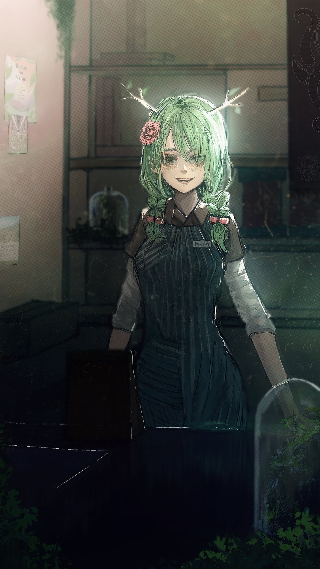 1girl alternate_costume alternate_hairstyle apron bangs bow braid ceres_fauna commentary dark green_hair hair_ornament highres hololive hololive_english horns horror_(theme) indoors jar looking_at_viewer name_tag plant smile solo taku_artworks twin_braids virtual_youtuber