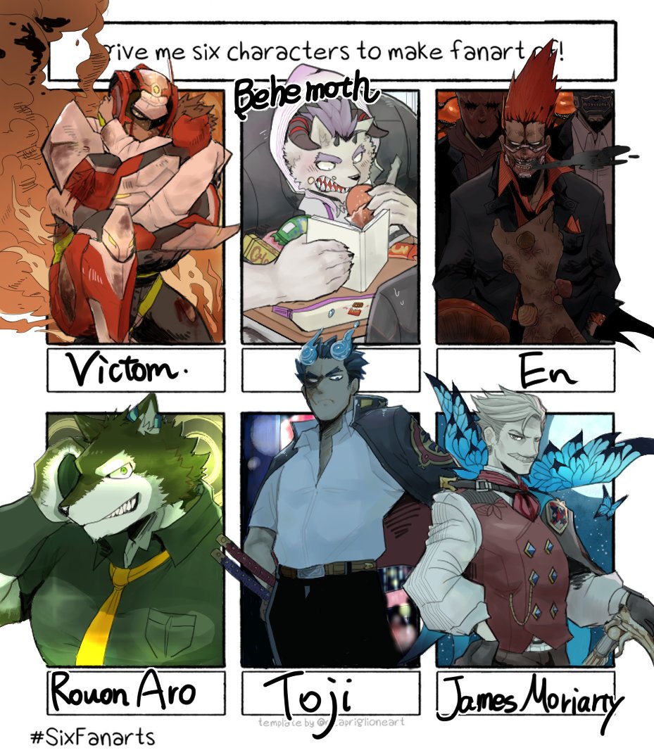 6+boys behemoth_(housamo) belt black_shirt blouse blue_eyes blue_fire book bug butterfly closed_mouth collared_shirt commentary_request dorohedoro ear_piercing eating en_(dorohedoro) facial_hair fangs fangs_out fate/grand_order fate_(series) fire forked_eyebrows formal furry furry_male gakuran gloves green_eyes grey_hair helmet holding holding_book hood hoodie horns james_moriarty_(fate) katana live_a_hero long_sleeves looking_at_viewer male_focus mask multiple_boys multiple_swords muscular muscular_male mustache necktie no_eyebrows open_mouth piercing redhead rouon_aro scar scar_on_cheek scar_on_face school_uniform sharp_teeth shirt short_hair six_fanarts_challenge smile snack spiky_hair suit sweatdrop sword teeth thick_eyebrows toji_(housamo) tokyo_afterschool_summoners upper_body utau vest victom_(live_a_hero) wadanosuke_(waadaa_hmlh) weapon white_shirt yellow_necktie