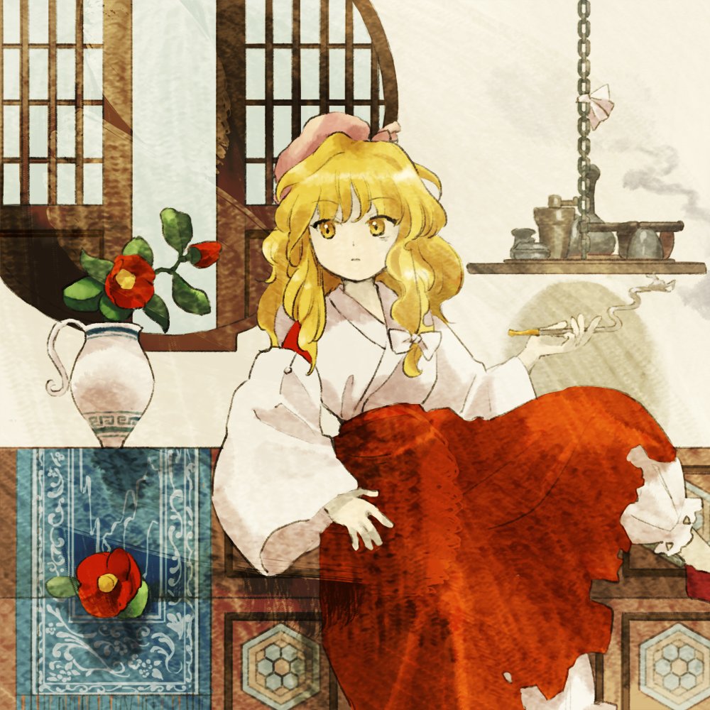 1girl beret bloomers bow chain detached_sleeves expressionless flower flowerpot frilled_skirt frills hair_bow hat holding holding_pipe hourai_girl_(touhou) indoors japanese_clothes kaigen_1025 kimono kiseru long_sleeves medium_hair pink_headwear pipe portrait_of_exotic_girls red_flower red_footwear red_skirt ribbon round_window sitting skirt smoke solo touhou underwear white_bloomers white_bow white_kimono white_ribbon wide_sleeves window yellow_eyes