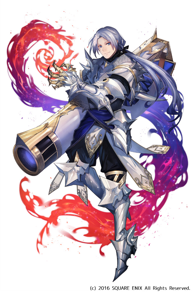 1boy armor armored_boots blue_eyes boots cannon copyright energy full_body gauntlets grimms_notes knight_of_the_silver_moon kyouka_hatori long_hair male_focus official_art ponytail silver_hair simple_background smile solo weapon white_background
