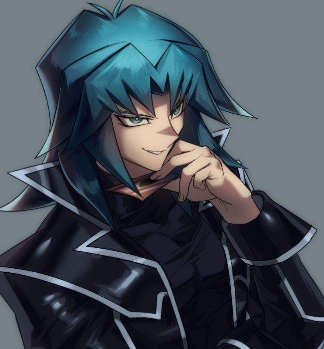 1boy aqua_eyes aqua_hair bangs card coat duel_academy_uniform_(yu-gi-oh!_gx) evil_smile frown gradient_hair holding holding_card long_hair looking_to_the_side male_focus marufuji_ryou multicolored_hair nodo_sn open_clothes open_coat pectorals sidelocks smile solo toned toned_male upper_body yu-gi-oh! yu-gi-oh!_gx