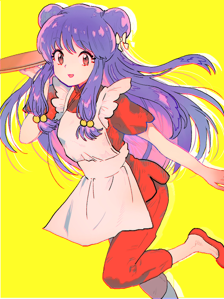 1girl bow long_hair open_mouth pants purple_hair ranma_1/2 red_footwear red_pants shampoo_(ranma_1/2) simple_background solo toro_(rororoto27) yellow_background