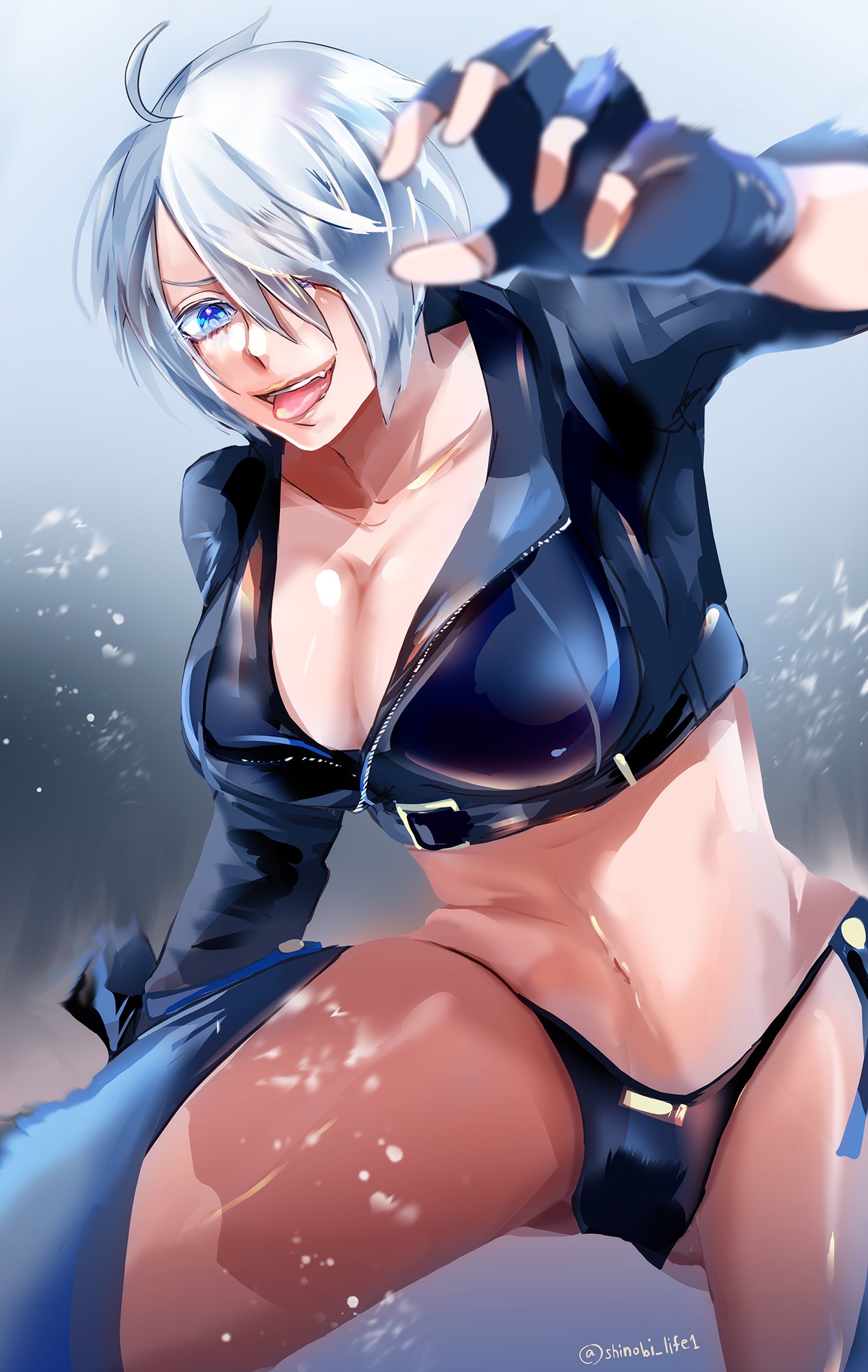 angel_(kof) blue_eyes bra breasts chaps cropped_jacket fingerless_gloves gloves hair_over_one_eye highres jacket large_breasts leather leather_jacket open_mouth shinobi_life1 snk strapless strapless_bra the_king_of_fighters the_king_of_fighters_xiv the_king_of_fighters_xv toned tongue tongue_out underwear