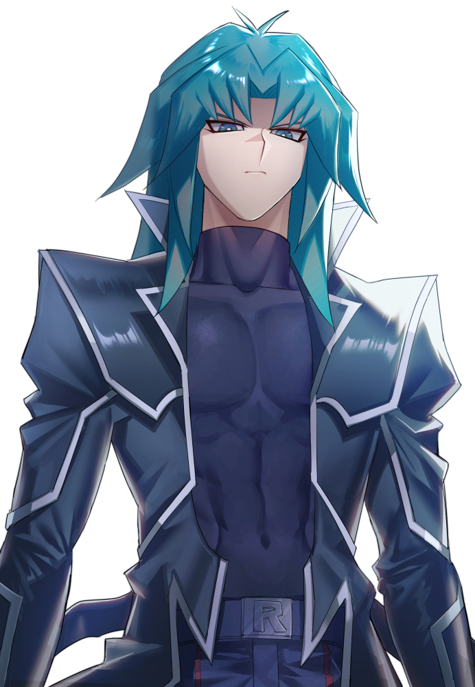 1boy aqua_eyes aqua_hair bangs belt black_coat coat collar covered_abs covered_collarbone covered_navel cowboy_shot dark_persona duel_academy_uniform_(yu-gi-oh!_gx) eyeshadow from_below frown long_hair looking_to_the_side makeup male_focus marufuji_ryou nodo_sn open_clothes open_coat shirt sidelocks solo spiked_collar spikes taut_clothes taut_shirt toned toned_male yu-gi-oh! yu-gi-oh!_gx