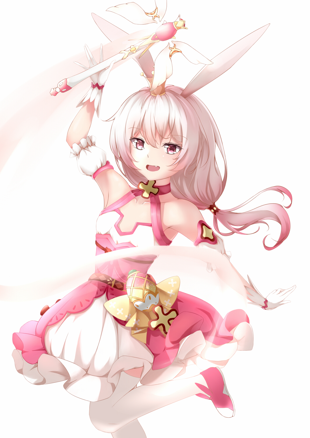1girl :d animal_ears bangs bare_shoulders crown dress fox_ears gloves highres holding holding_wand honkai_(series) honkai_impact_3rd long_hair looking_at_viewer magical_girl open_mouth pink_dress pink_footwear pink_hair side_ponytail simple_background skysuy_(2267420264) sleeveless sleeveless_dress smile solo theresa_apocalypse theresa_apocalypse_(sakura_rondo) thighs wand white_background white_gloves