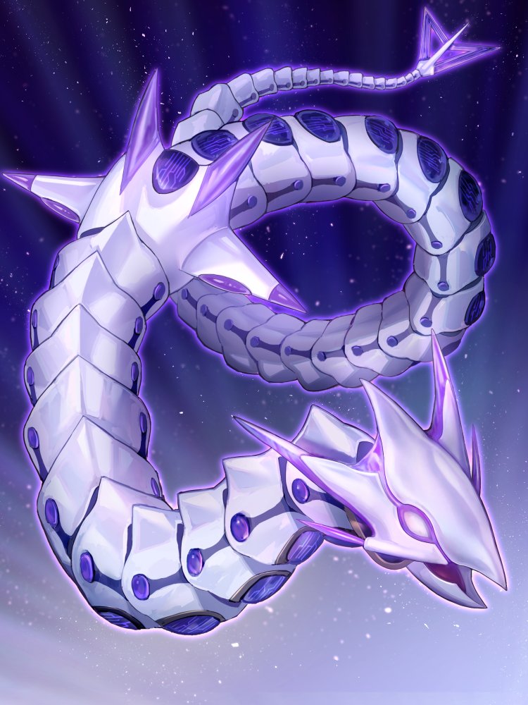 cyber_dragon_vier dragon duel_monster full_body glowing gradient gradient_background light_particles machinery metal no_humans nodo_sn purple_theme simple_background snake wire yu-gi-oh! yu-gi-oh!_gx