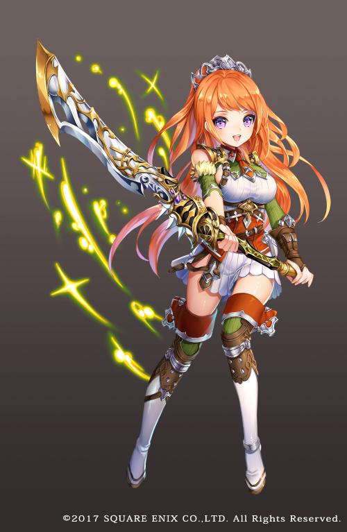 1girl breasts brown_background copyright eito_rhodan full_body gradient gradient_background grimms_notes large_breasts long_hair nemusuke official_art open_mouth orange_hair skirt smile solo sword teeth tiara violet_eyes weapon