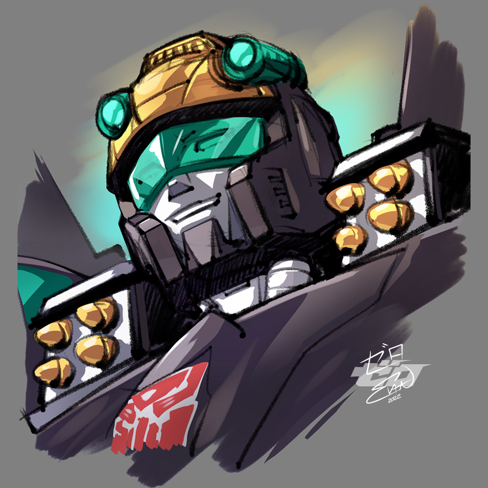 1boy 2022 autobot crosswise english_commentary grey_background head_tilt looking_ahead mecha portrait smile solo transformers transformers_cybertron visor zeromayhem