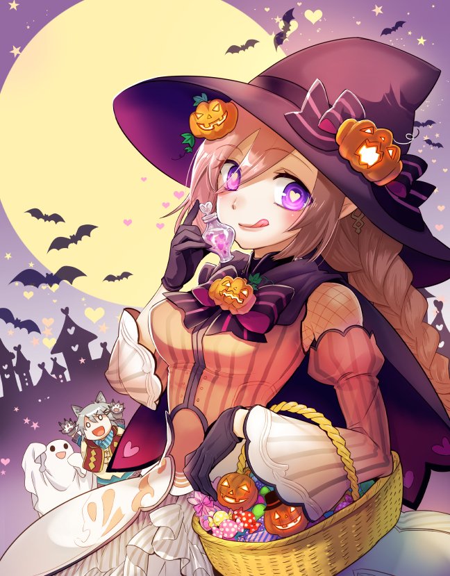 1boy 2girls bangs basket bat bow braid breasts candy capelet demon_girl detached_sleeves fishnet_fabric flask food full_moon ghost_costume gloves halloween_bucket halloween_costume hat heart heart-shaped_pupils hina_(rune_factory) holding holding_flask jack-o'-lantern julian_(rune_factory) kawazoemariko licking_lips long_hair looking_at_viewer ludmila_(rune_factory) medium_breasts moon multiple_girls outdoors pointy_ears rune_factory rune_factory_5 symbol-shaped_pupils tongue tongue_out twin_braids twintails upper_body violet_eyes witch_hat