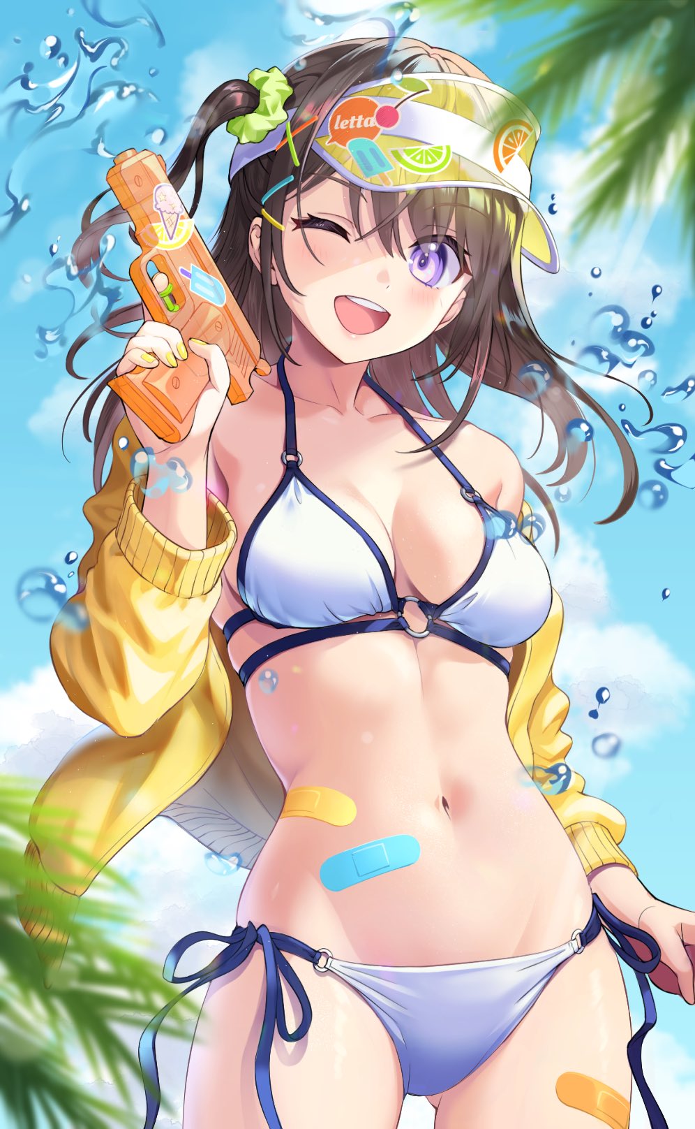 1girl ass_visible_through_thighs bandaid_on_stomach bandaid_on_thigh bangs bikini black_hair blue_sky breasts clouds collarbone commentary_request eyebrows_visible_through_hair eyelashes green_scrunchie hair_ornament hairclip hand_up highres holding holding_water_gun jacket letta_illust light_blush long_hair long_sleeves looking_at_viewer medium_breasts navel one_eye_closed open_clothes open_jacket open_mouth original over_shoulder plant scrunchie side_ponytail sky smile solo sticker stomach string_bikini swimsuit thighs violet_eyes visor_cap water_drop water_gun white_bikini yellow_jacket