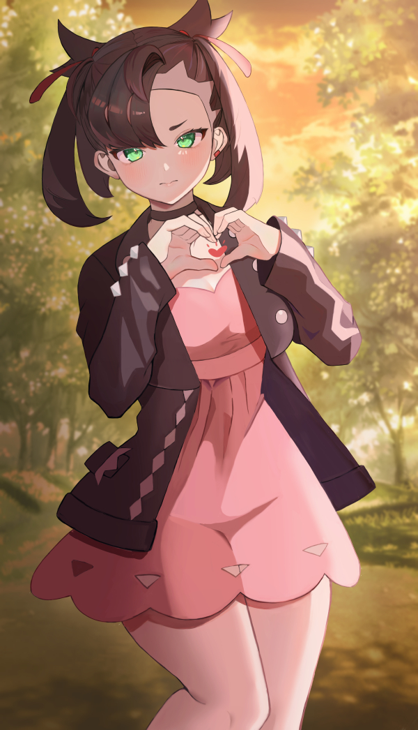 1girl asymmetrical_bangs bangs black_choker black_jacket blush brown_hair choker closed_mouth clouds commentary_request day dress earrings green_eyes hair_ribbon hands_up heart heart_hands jacket jewelry looking_at_viewer marnie_(pokemon) okuro_zmzm open_clothes open_jacket outdoors pink_dress pokemon pokemon_(game) pokemon_swsh red_ribbon ribbon sky solo twintails