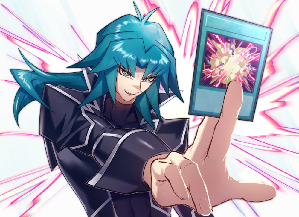 1boy aqua_eyes aqua_hair bangs card coat collar covered_abs duel_academy_uniform_(yu-gi-oh!_gx) electricity eyeshadow foreshortening holding holding_card long_hair makeup male_focus marufuji_ryou nodo_sn open_clothes open_coat overload_fusion sidelocks smile solo spiked_collar spikes upper_body yu-gi-oh! yu-gi-oh!_gx