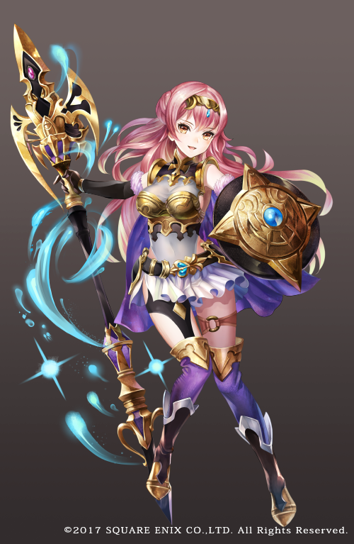 1girl armor axe brown_background brown_eyes character_request copyright full_body gloves gradient gradient_background grimms_notes long_hair nemusuke official_art open_mouth pink_hair shield smile tiara weapon