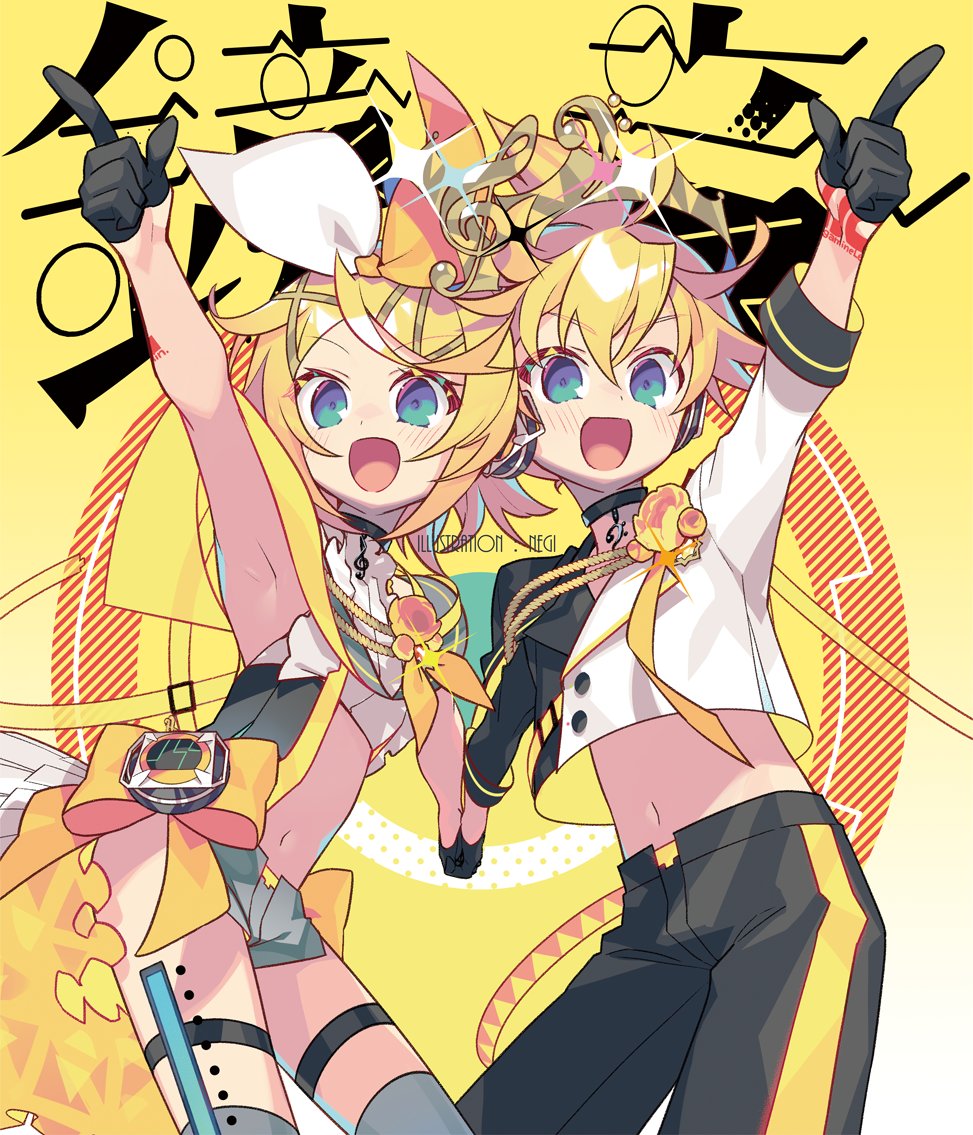 1boy 1girl ahoge arm_up armpits artist_name asymmetrical_clothes bangs bass_clef belt black_gloves black_shorts blonde_hair blush breasts brother_and_sister choker crop_top frilled_shirt frills gloves green_eyes grey_shorts half_gloves headphones holding_hands index_finger_raised kagamine_len kagamine_rin kamina_pose midriff navel negi_(ulog'be) open_mouth outstretched_arm pointing pointing_up shirt short_shorts short_sleeves shorts siblings small_breasts smile treble_clef twins two-tone_shirt vocaloid