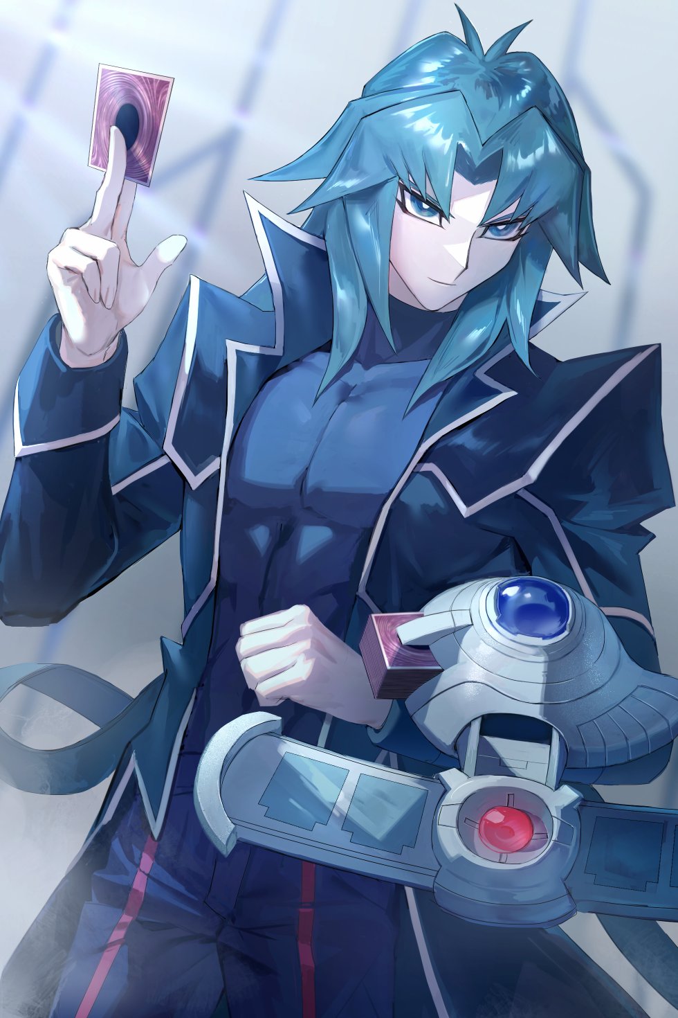 1boy aqua_eyes aqua_hair bangs black_coat card coat collar covered_abs duel_academy_uniform_(yu-gi-oh!_gx) duel_disk expressionless eyeshadow feet_out_of_frame highres holding holding_card light long_hair looking_to_the_side makeup male_focus marufuji_ryou nodo_sn official_alternate_costume open_clothes open_coat pectorals shirt sidelocks solo spiked_collar spikes standing taut_clothes taut_shirt toned toned_male yu-gi-oh! yu-gi-oh!_gx