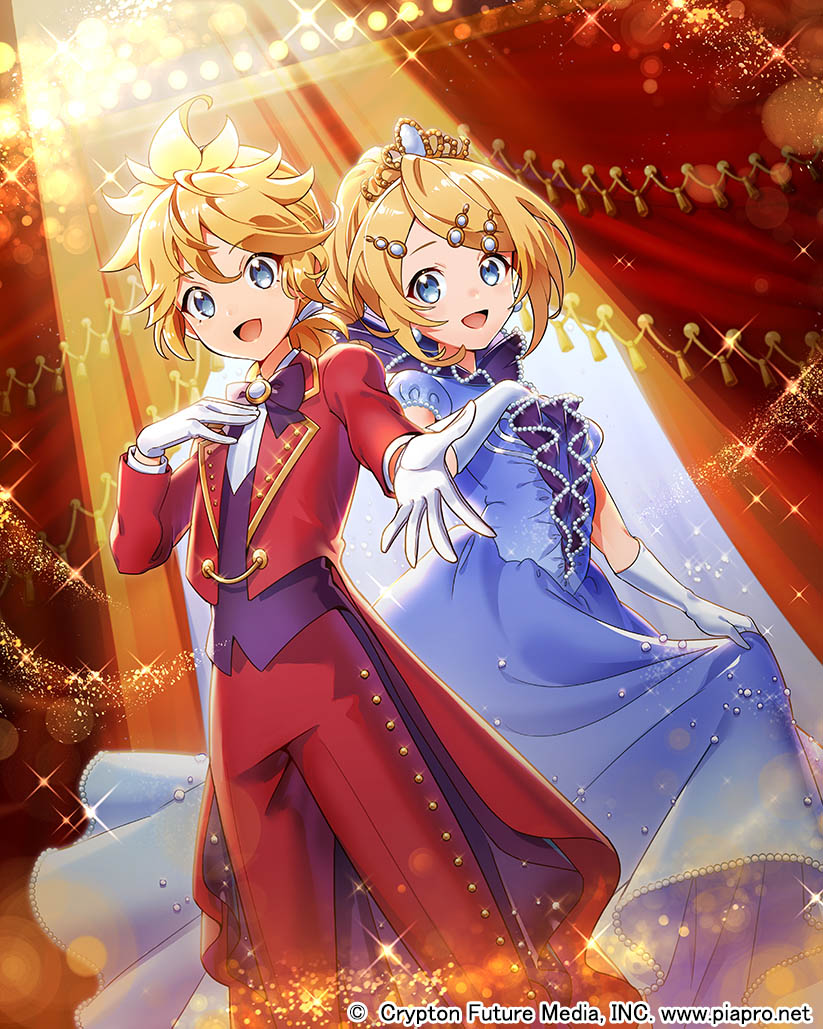 1boy 1girl ahoge bangs blazer blonde_hair blue_dress blue_eyes blurry bokeh buttons curtains depth_of_field dress elbow_gloves gloves hair_ornament hair_ribbon hairclip hand_on_own_chest high_collar jacket kagamine_len kagamine_rin light_rays official_art open_mouth outstretched_arm outstretched_hand pearl_hair_ornament pearl_trim piapro red_curtains red_jacket ribbon sawashi_(ur-sawasi) skirt_hold smile sparkle stage stage_lights swept_bangs tiara vocaloid white_gloves white_ribbon