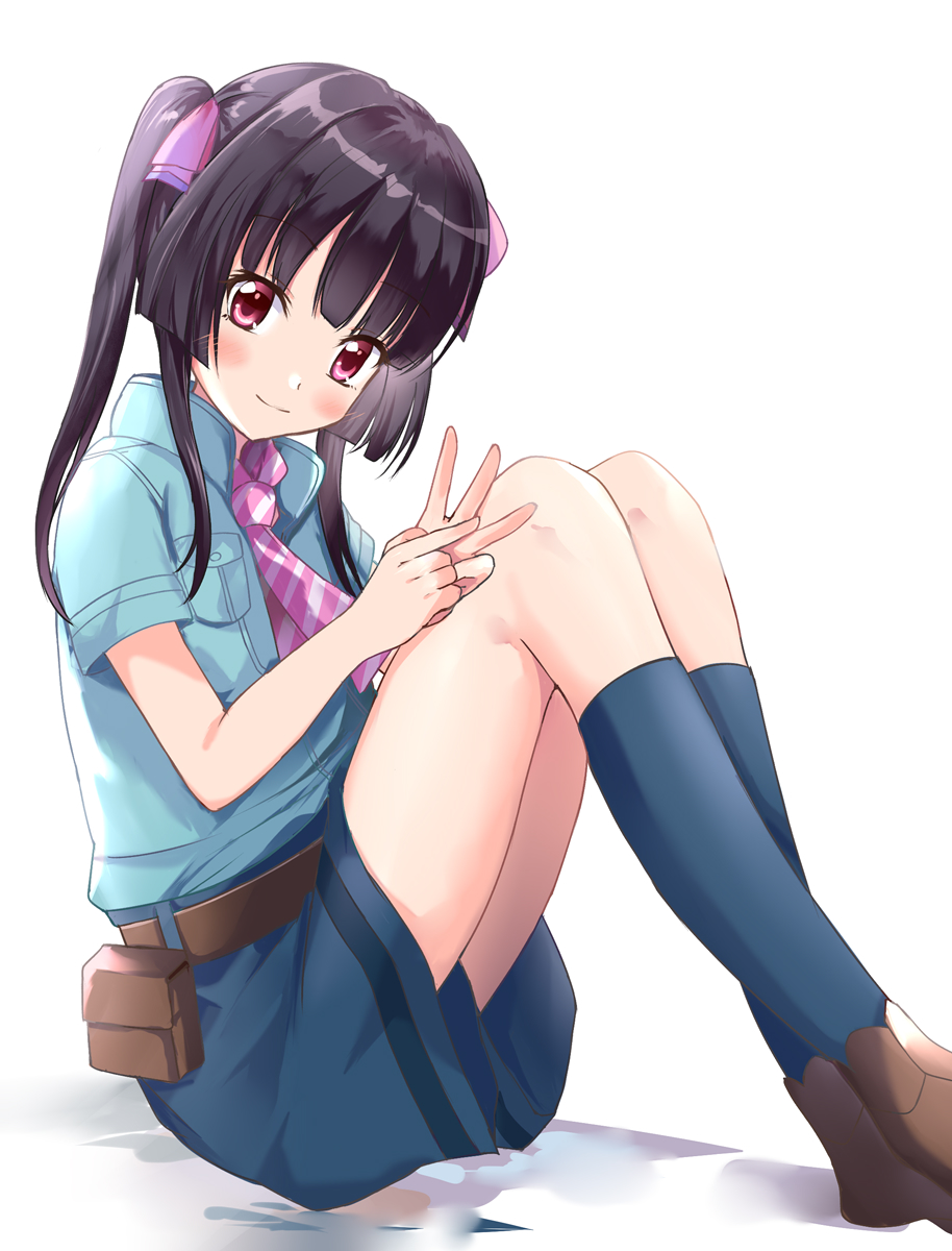 1girl bangs belt black_hair blue_legwear blue_shirt blue_shorts blunt_bangs brown_belt brown_footwear closed_mouth collared_shirt commentary english_commentary hair_ribbon highres long_hair looking_at_viewer mixed-language_commentary necktie pouch purple_necktie ribbon rikopin senki_zesshou_symphogear shirt shoes shorts simple_background sitting smile socks solo striped_necktie tsukuyomi_shirabe twintails uniform violet_eyes white_background