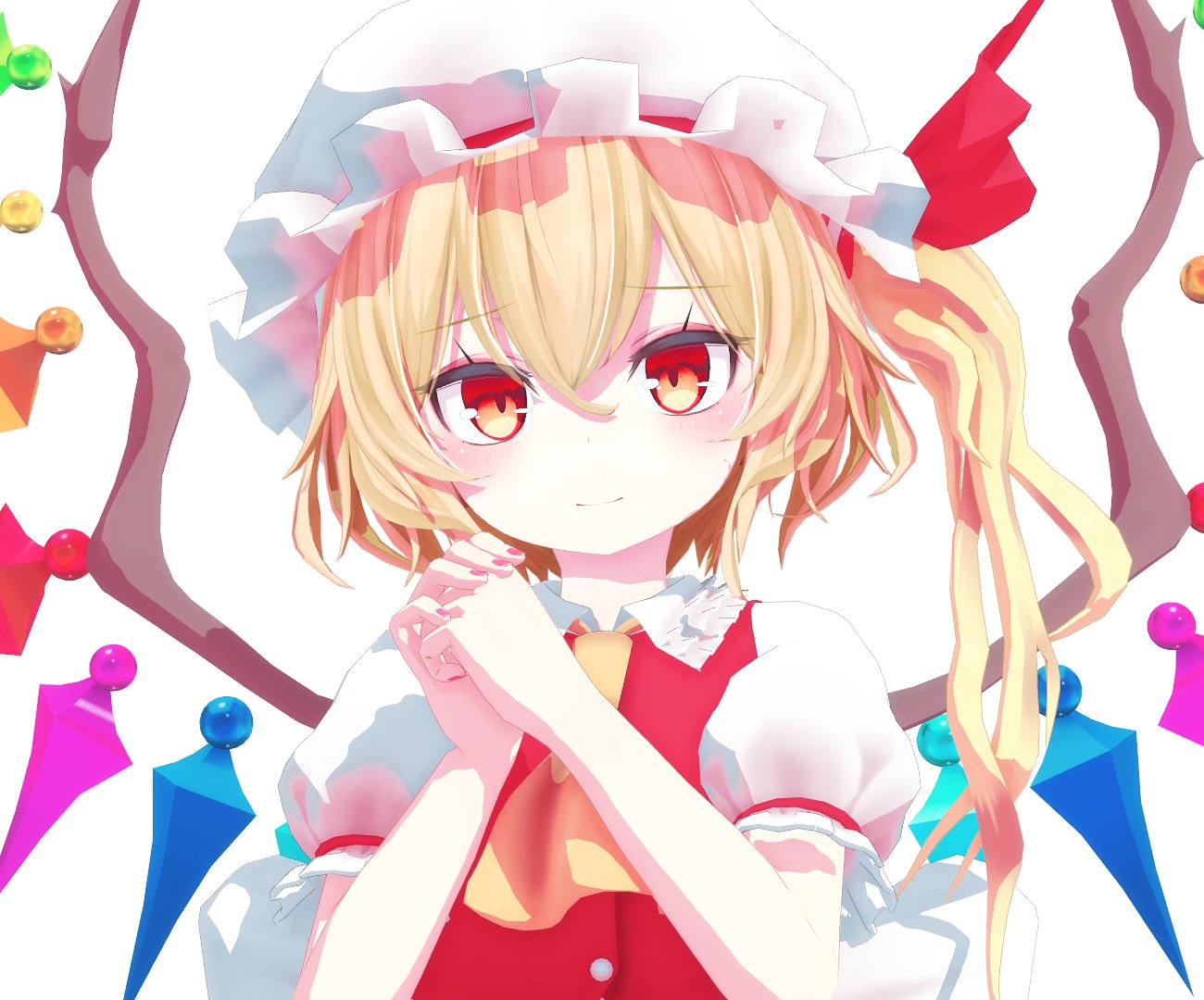 1girl 3d arni ascot back_bow bangs blonde_hair blush bow buttons closed_mouth collared_shirt commentary_request crystal eyebrows_visible_through_hair eyelashes eyes_visible_through_hair fingernails flandre_scarlet frills hair_between_eyes hands_up hat hat_ribbon jewelry looking_at_viewer mob_cap multicolored_wings nail_polish one_side_up own_hands_together pink_nails puffy_short_sleeves puffy_sleeves red_eyes red_ribbon red_vest ribbon shadow shirt short_hair short_sleeves side_ponytail simple_background smile solo touhou upper_body vest white_background white_bow white_headwear wings yellow_ascot