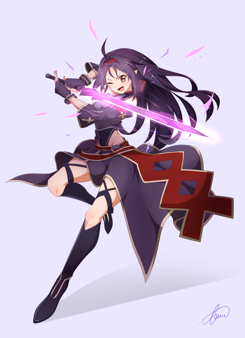 1girl ;d ahoge armor bare_shoulders breastplate detached_sleeves fingerless_gloves full_body gloves glowing glowing_sword glowing_weapon hairband holding holding_sword holding_weapon leg_up leotard leotard_under_clothes long_hair looking_at_viewer one_eye_closed open_mouth pointy_ears purple_gloves purple_hair red_eyes red_hairband signature simple_background smile solo sword sword_art_online tewo weapon yuuki_(sao)