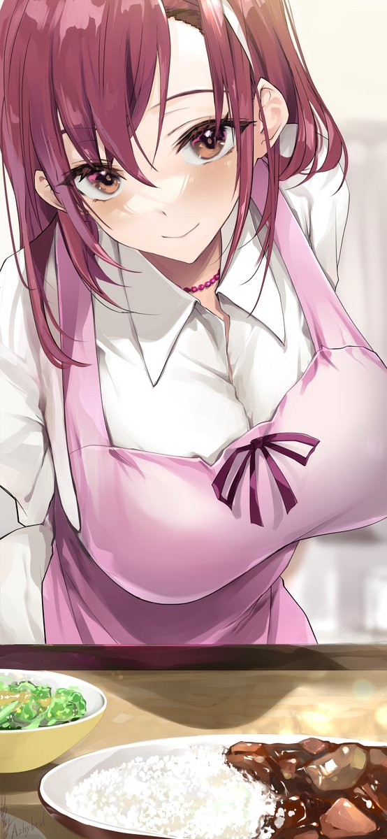 1girl apron arms_behind_back asymmetrical_bangs bangs bead_necklace beads blush breasts curry curry_rice food highres jewelry large_breasts leaning_forward looking_at_viewer necklace original pink_apron purple_hair rice shirt signature smile solo upper_body white_shirt won_(az_hybrid)