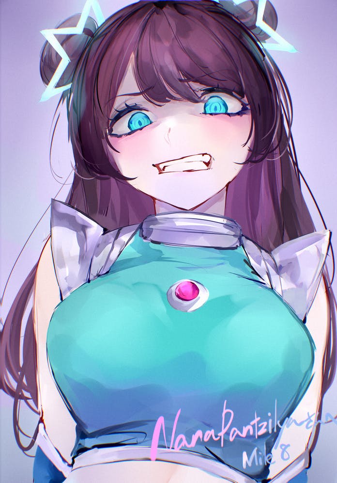 1girl blue_eyes blue_shirt blush breasts brown_hair clenched_teeth commission crop_top disgust double_bun hair_ornament indie_virtual_youtuber large_breasts long_hair looking_at_viewer mile_(off8mile) nana_pantzilya shirt skeb_commission solo star_(symbol) star_hair_ornament teeth virtual_youtuber wide-eyed