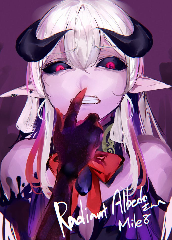 1girl black_sclera bow bowtie clenched_teeth colored_sclera colored_skin commission demon_girl hand_up horns indie_virtual_youtuber long_hair looking_at_viewer mile_(off8mile) multicolored_hair pink_skin radiant_albedo red_bow red_bowtie red_eyes skeb_commission solo streaked_hair teeth white_hair wide-eyed