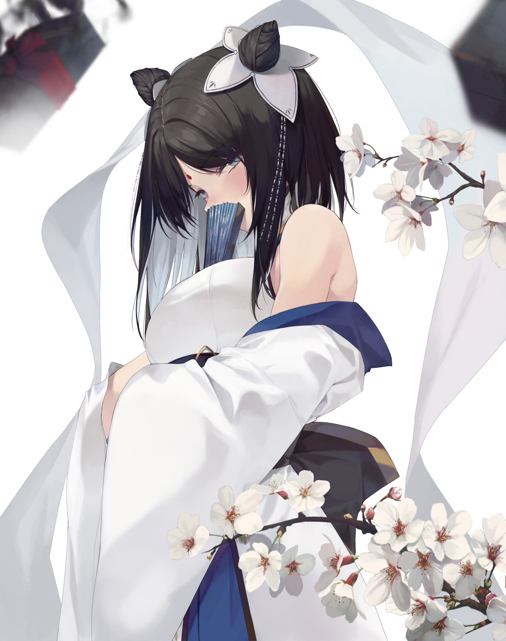1girl bangs bare_shoulders black_hair blue_eyes blue_skirt breasts covering_mouth eyebrows_visible_through_hair eyes_visible_through_hair facial_mark flower folding_fan forehead_mark hair_cones hair_over_one_eye hand_fan highres jacket large_breasts light_blush long_hair long_sleeves looking_at_viewer multicolored_hair off_shoulder original shirt sideways_glance simple_background skirt slit_pupils solo soya_(torga) standing two-tone_hair white_footwear white_hair white_jacket white_shirt