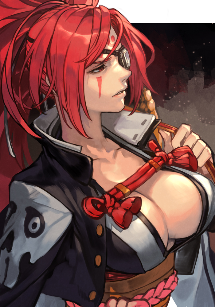 1girl baiken black_background breasts eyepatch facial_mark guilty_gear guilty_gear_strive hand_up hankuri japanese_clothes kimono large_breasts long_hair ponytail red_eyes redhead skull_print solo upper_body white_kimono