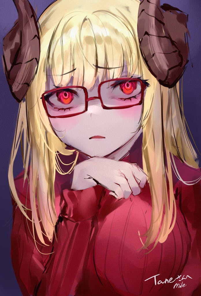 1girl blonde_hair blush commission curled_horns glasses hand_up horns indie_virtual_youtuber long_hair long_sleeves looking_at_viewer mile_(off8mile) parted_lips red-framed_eyewear red_eyes red_sweater ribbed_sweater skeb_commission solo sweater tane_tenshi